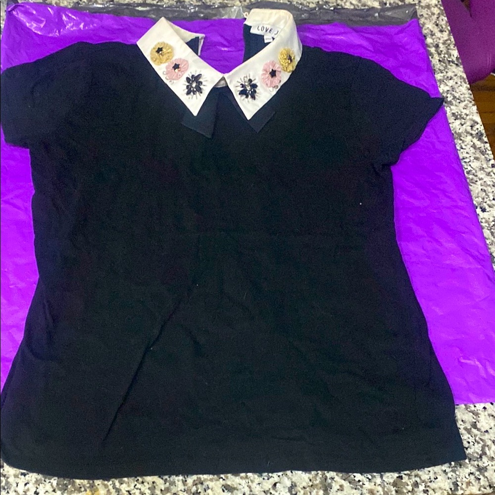 Embroidered Collar Black Top